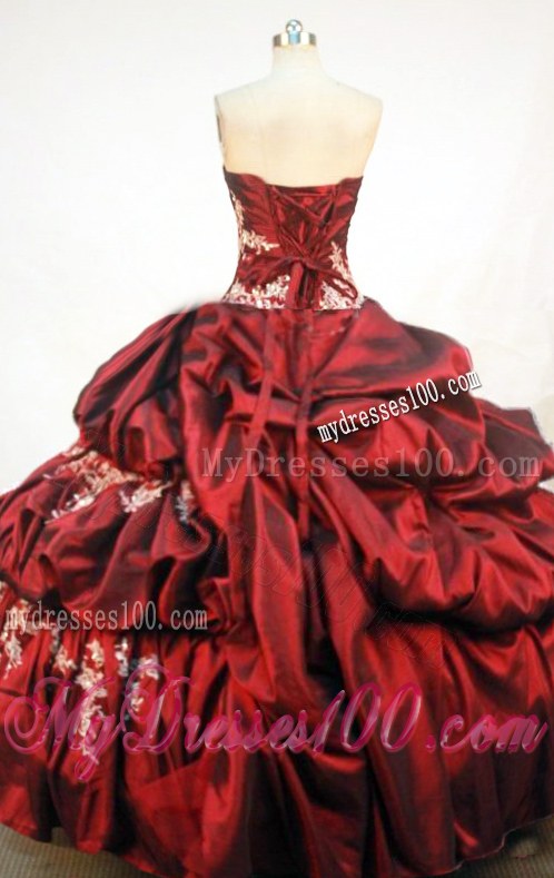Puffy Pick-ups in Burgundy Quince Dress Adorned by White Embroidery