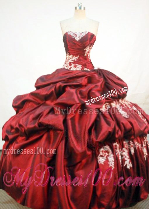 Puffy Pick-ups in Burgundy Quince Dress Adorned by White Embroidery