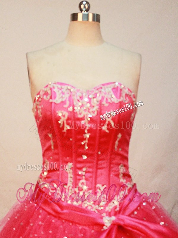 Coral Red Tulle Dress for Quinceanera with Beading and Sash