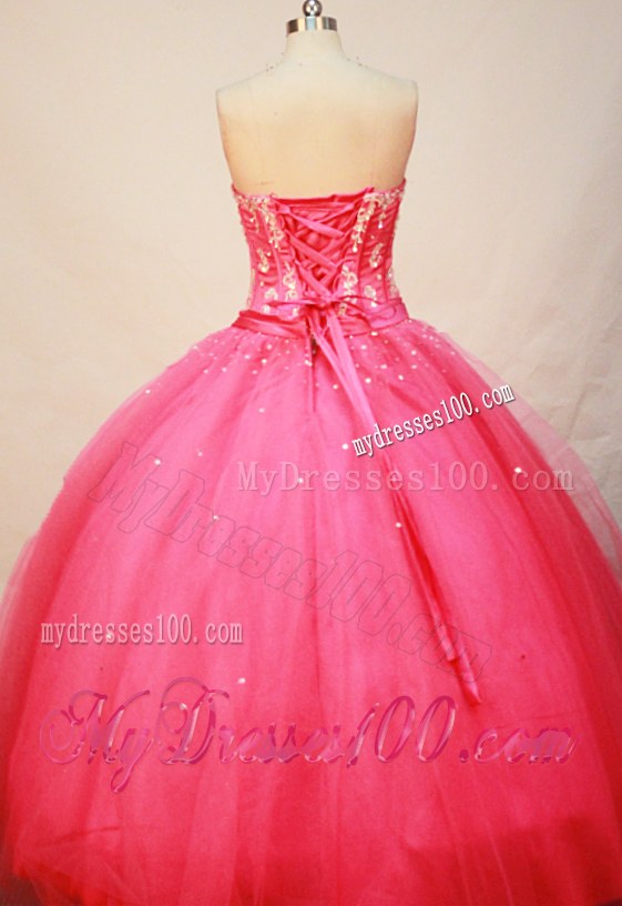 Coral Red Tulle Dress for Quinceanera with Beading and Sash