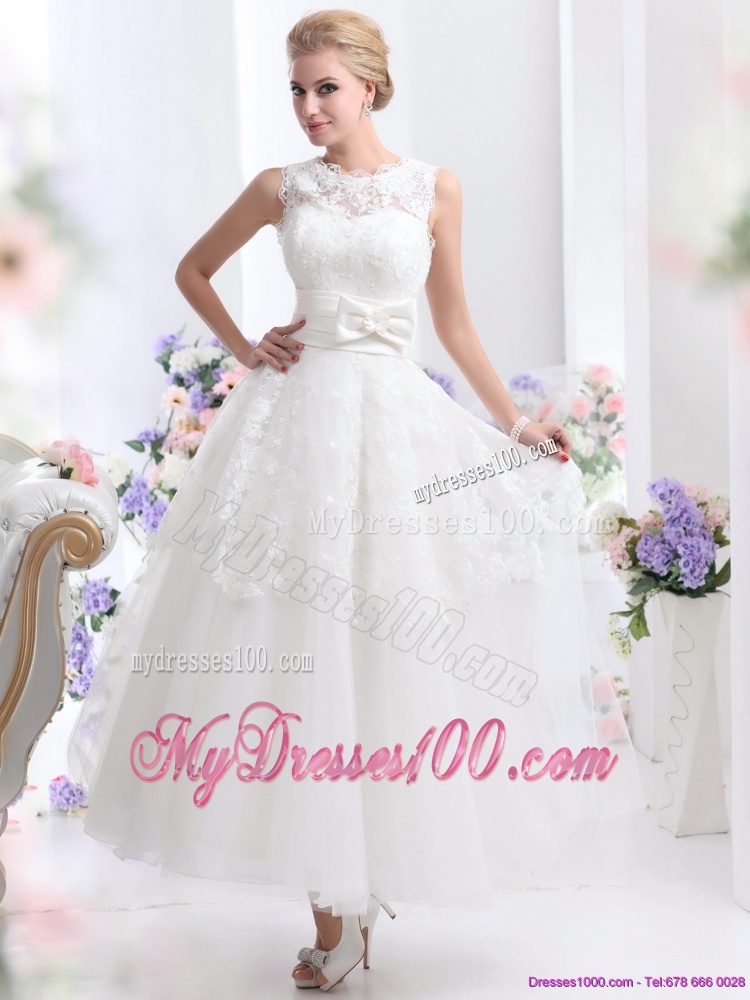 2016 Cute Scoop Ankle-length Wedding Dresses with Lace and Bowknot