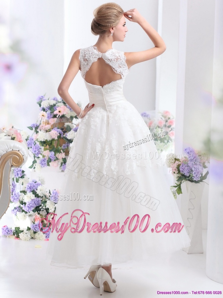 2016 Cute Scoop Ankle-length Wedding Dresses with Lace and Bowknot