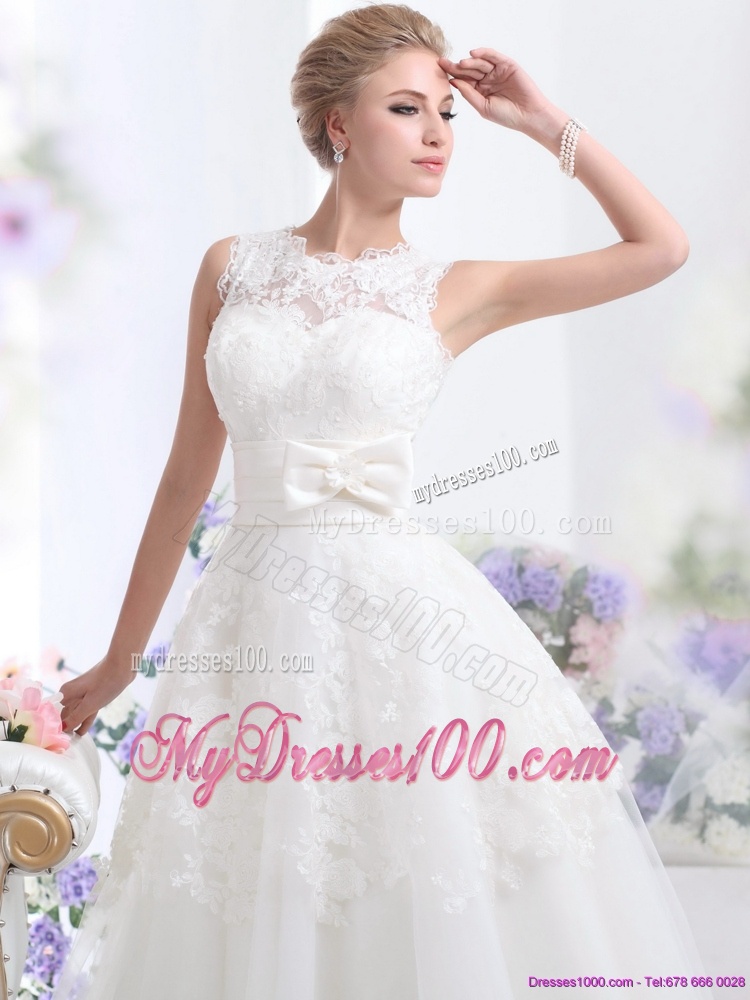 2016 Cute Scoop Ankle-length Wedding Dresses with Lace and Bowknot