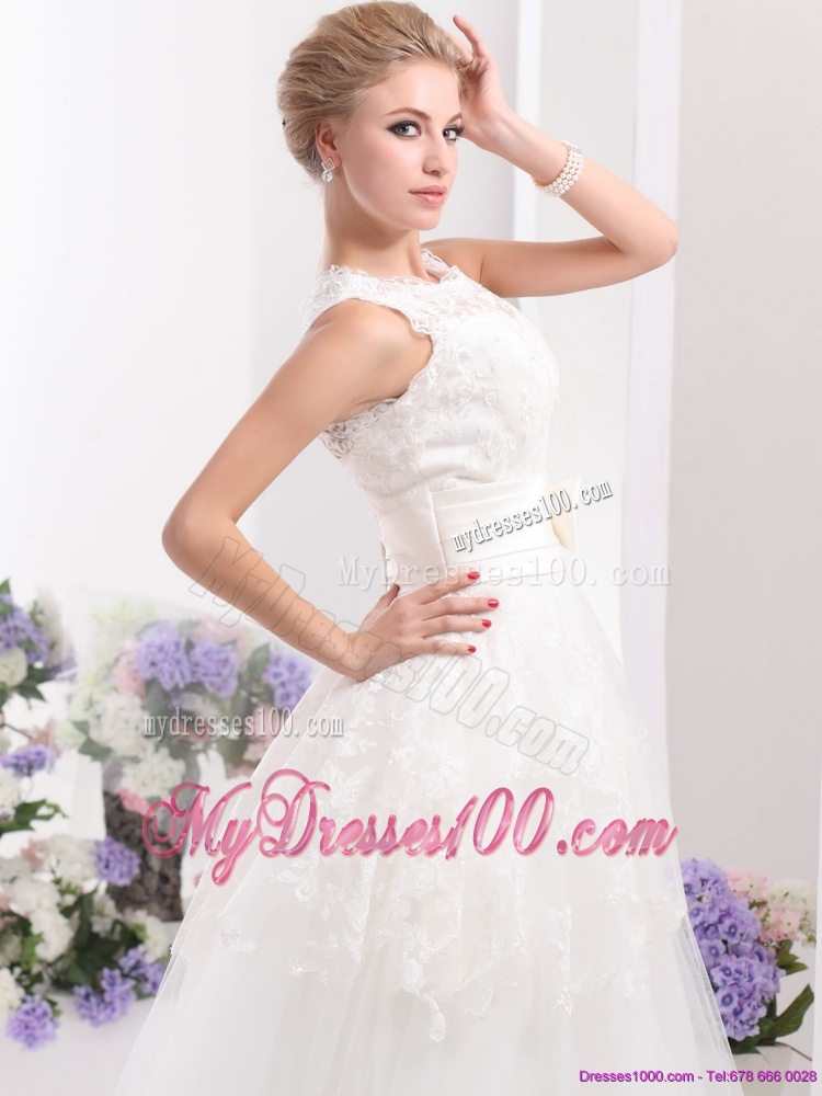 2016 Cute Scoop Ankle-length Wedding Dresses with Lace and Bowknot