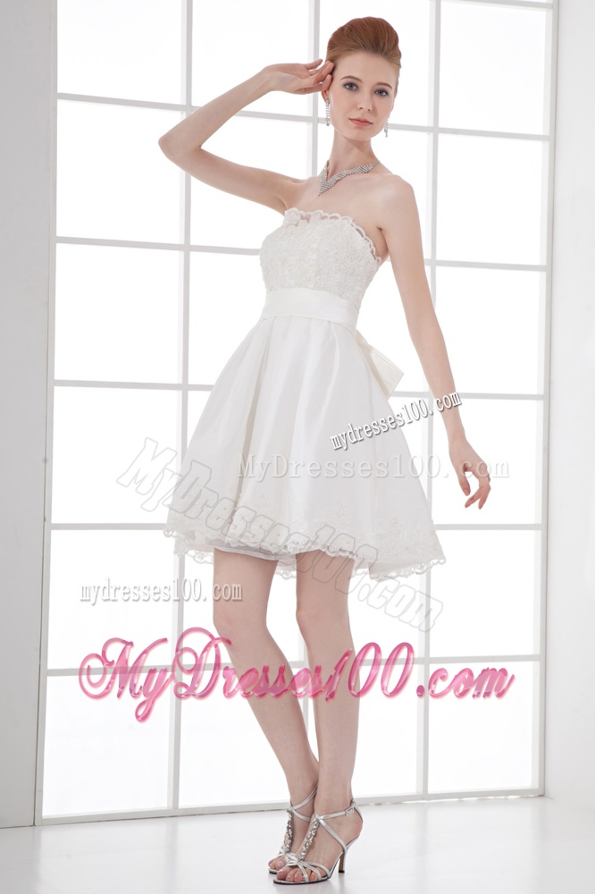 2016 Elegant A-line Strapless Knee-length Lace Belt White Wedding Dress