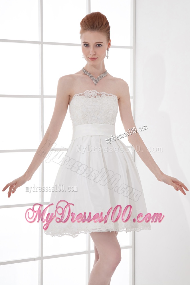 2016 Elegant A-line Strapless Knee-length Lace Belt White Wedding Dress