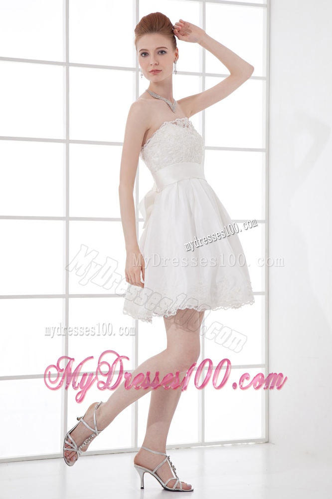 2016 Elegant A-line Strapless Knee-length Lace Belt White Wedding Dress