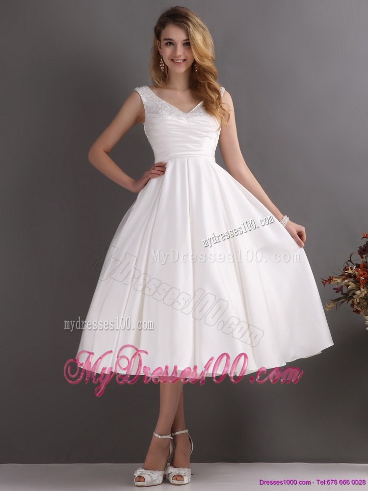 2016 Popular Beaded Ruched Wedding Dresses in White