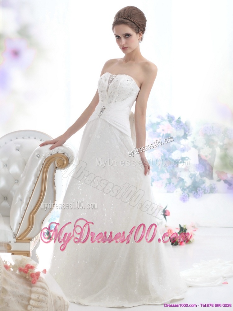 2016 Unique Sequines White Wedding Dresses with Chapel Train
