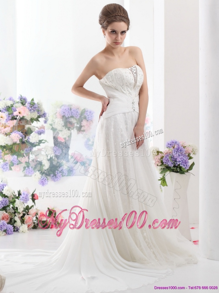 2016 Unique Sequines White Wedding Dresses with Chapel Train