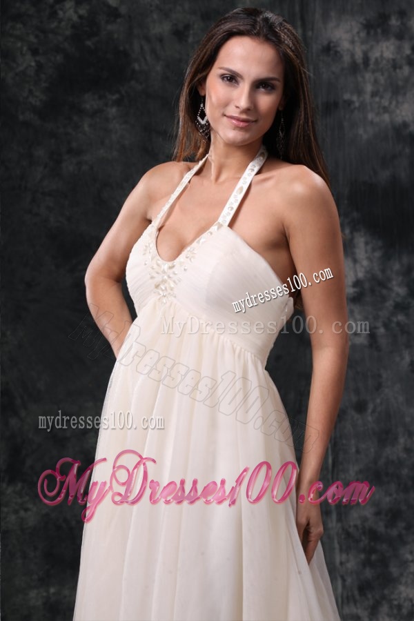 A-Line Halter Court Train Beading Tulle Wedding Dress