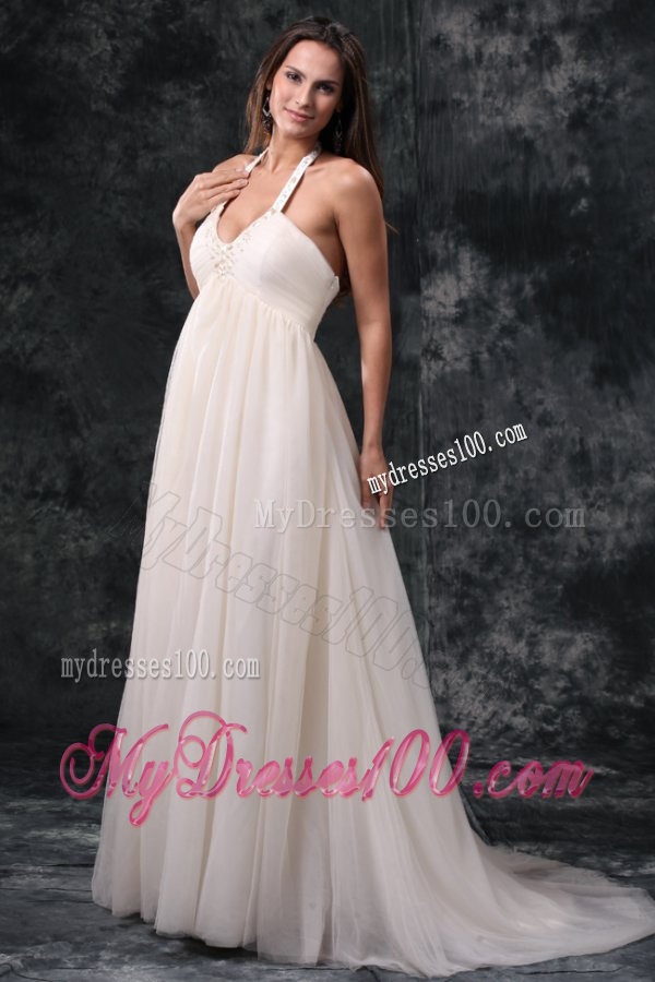 A-Line Halter Court Train Beading Tulle Wedding Dress