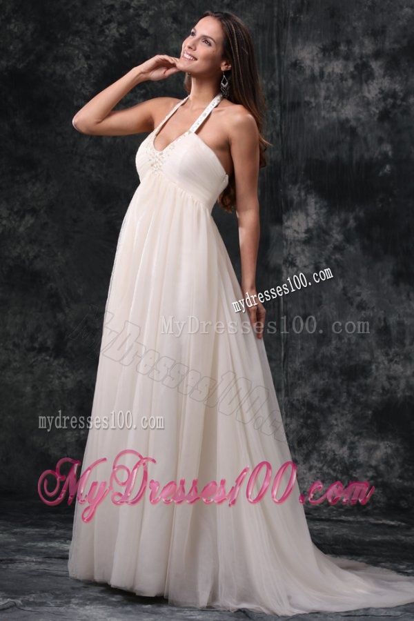 A-Line Halter Court Train Beading Tulle Wedding Dress