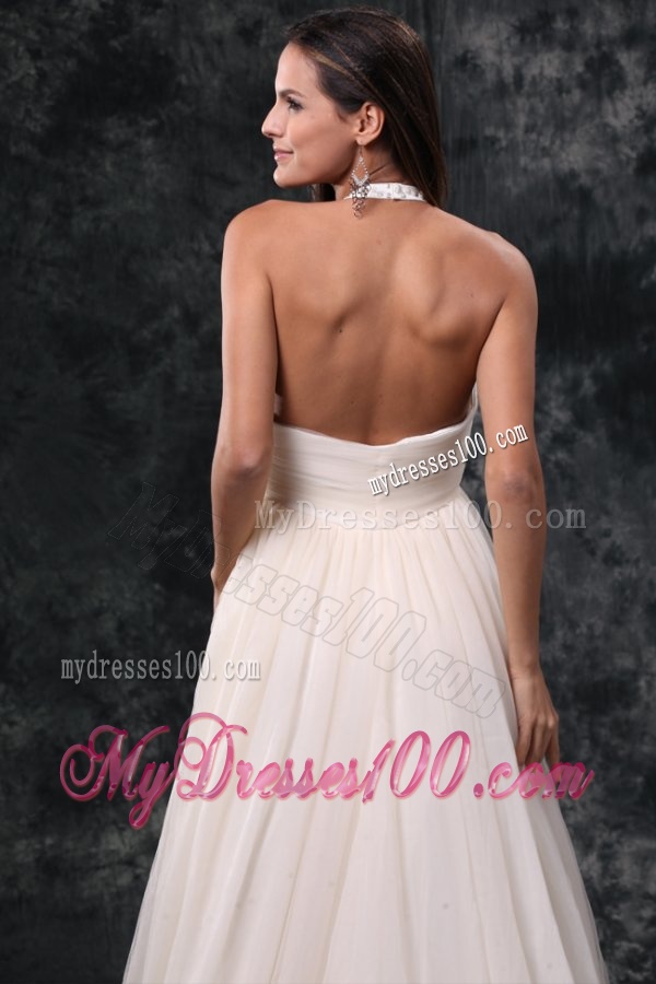A-Line Halter Court Train Beading Tulle Wedding Dress