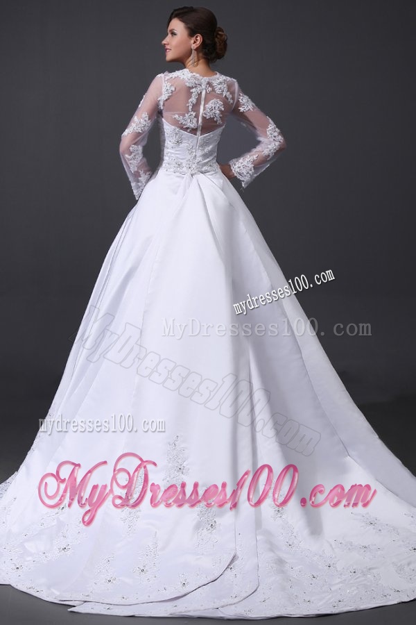 A-Line V-Neck Appliques 2016 Wedding Dress with Long Sleeves