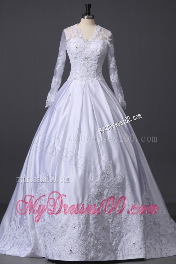 A-Line V-Neck Appliques 2016 Wedding Dress with Long Sleeves