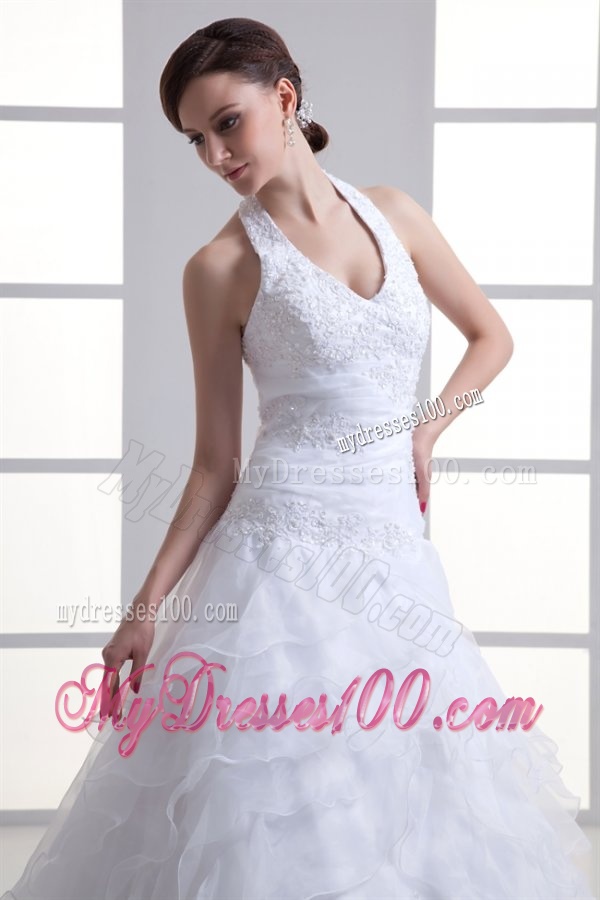 A-line Halter Top Appliques and Ruching Court Train Wedding Dress