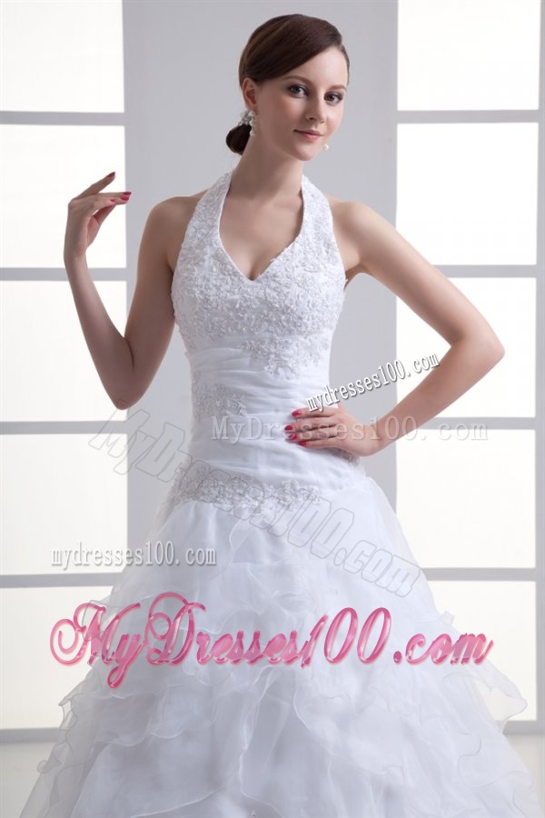 A-line Halter Top Appliques and Ruching Court Train Wedding Dress