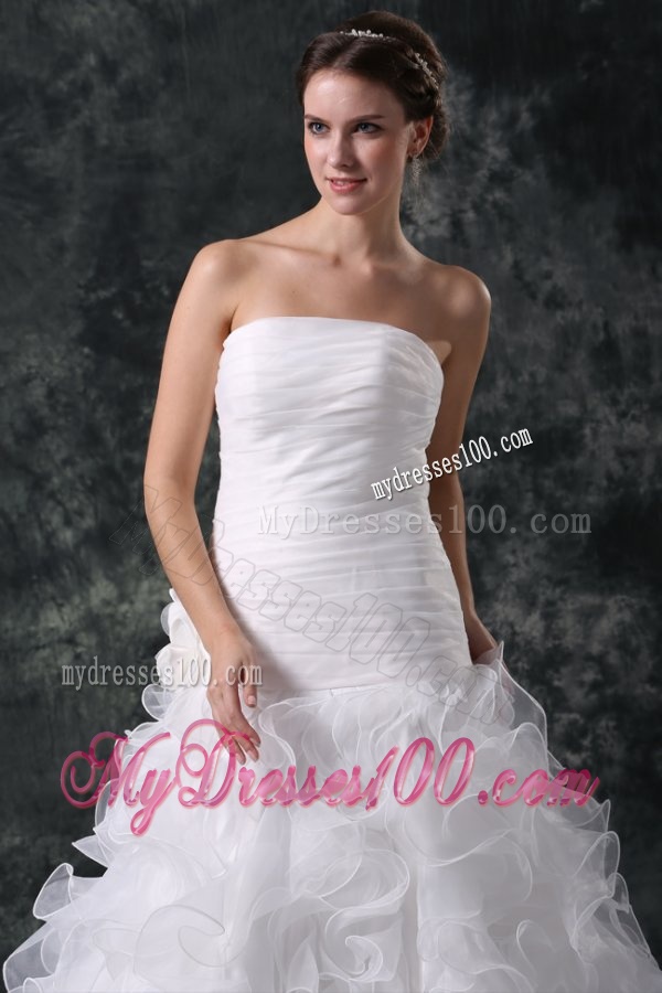 A-line Strapless Organza Wedding Dress with Flower and Ruffles Layered
