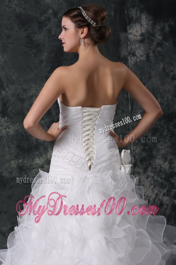 A-line Strapless Organza Wedding Dress with Flower and Ruffles Layered
