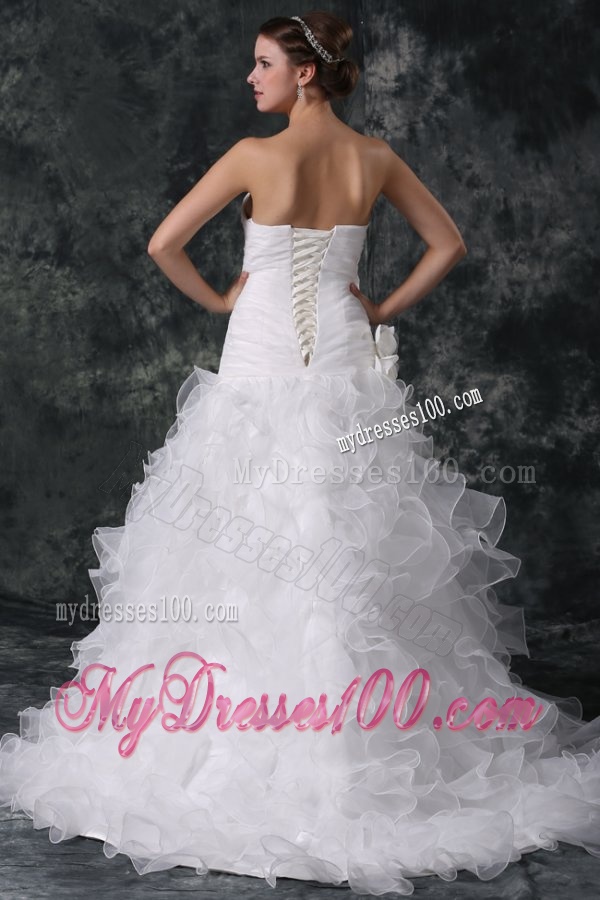 A-line Strapless Organza Wedding Dress with Flower and Ruffles Layered