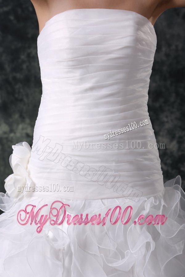 A-line Strapless Organza Wedding Dress with Flower and Ruffles Layered