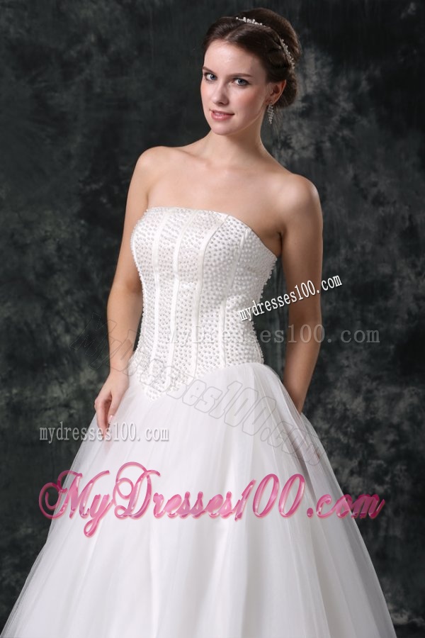 Ball Gown Strapless Beading Tulle Wedding Dress with Floor-length