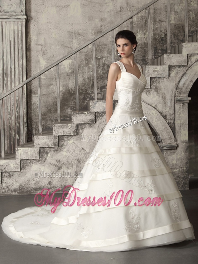 Beaded Brush Train Ruched Wedding Dresses in White