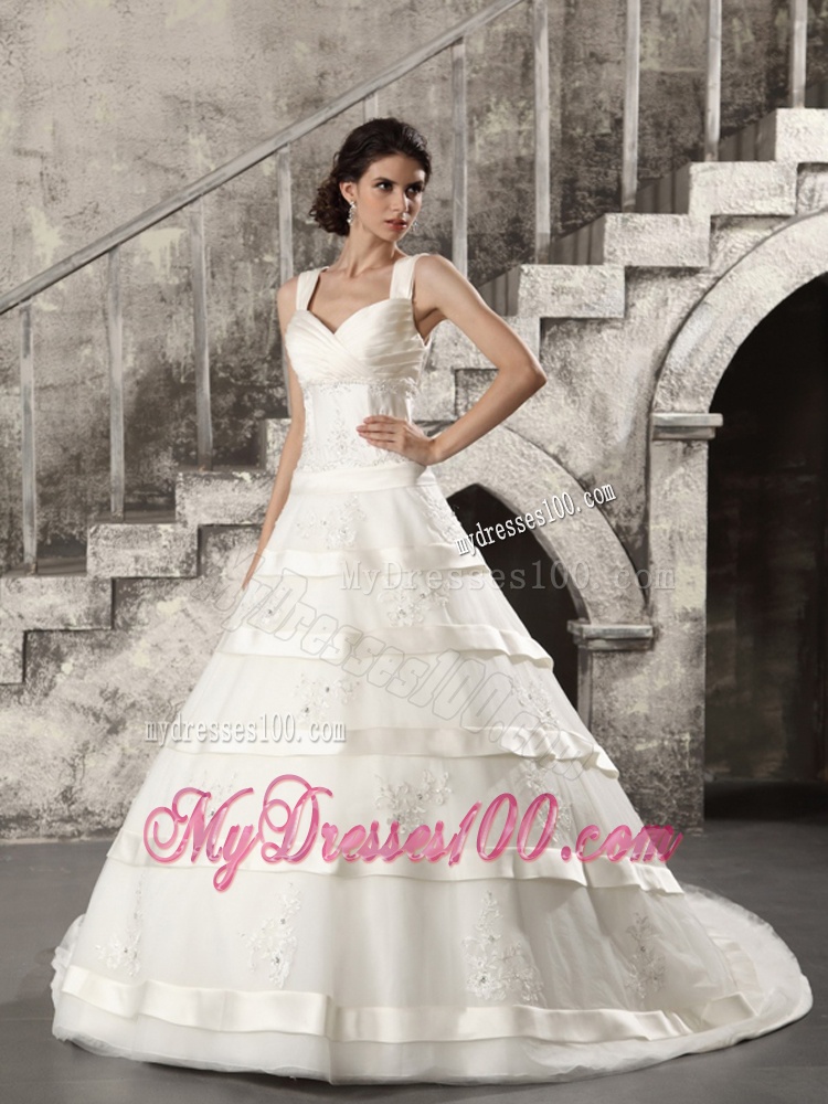 Beaded Brush Train Ruched Wedding Dresses in White