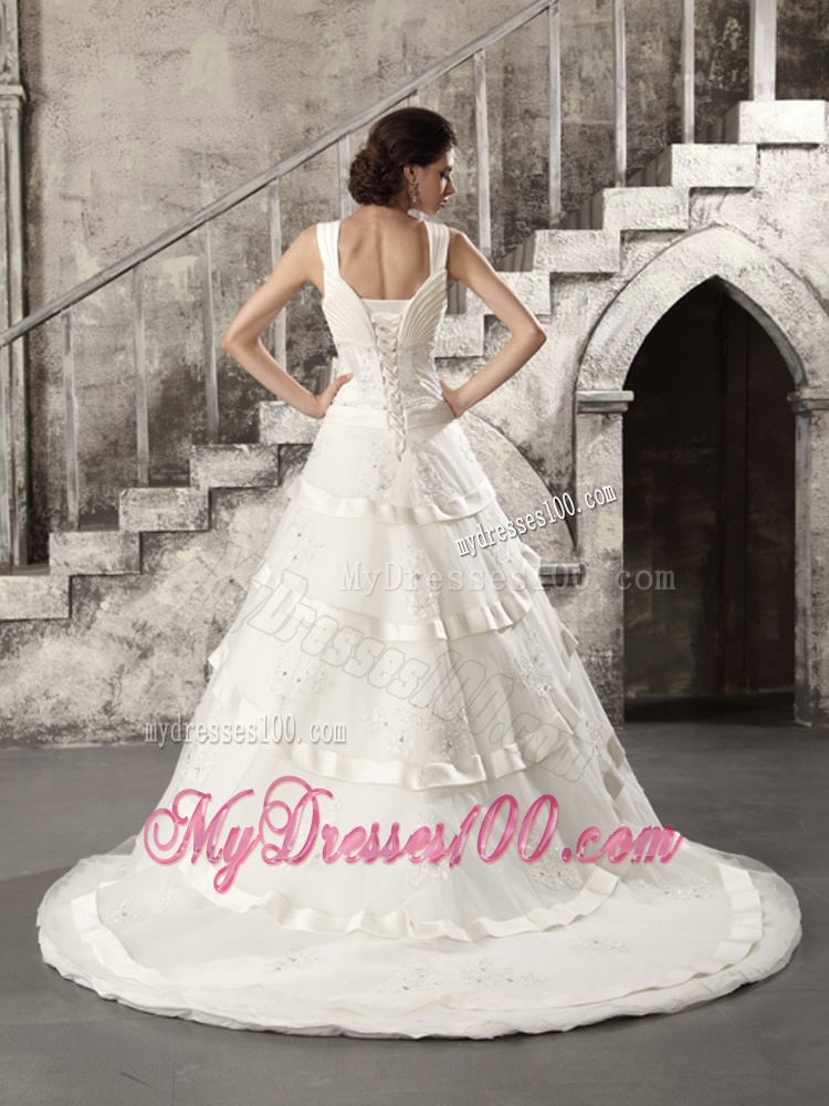 Beaded Brush Train Ruched Wedding Dresses in White