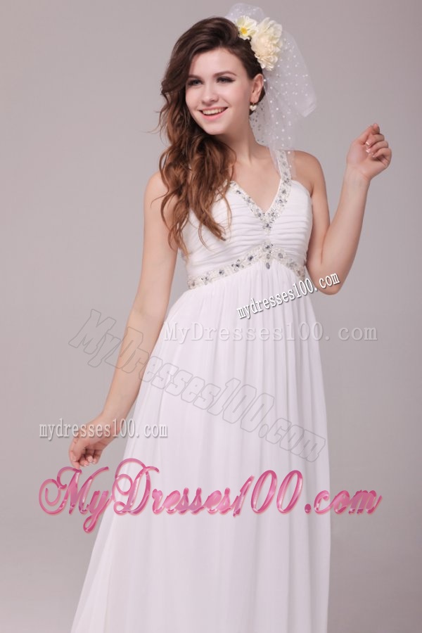 Beaded Decorate V-neck Empire Chiffon Court Train Wedding Dress