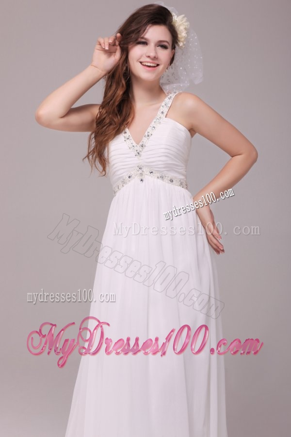 Beaded Decorate V-neck Empire Chiffon Court Train Wedding Dress