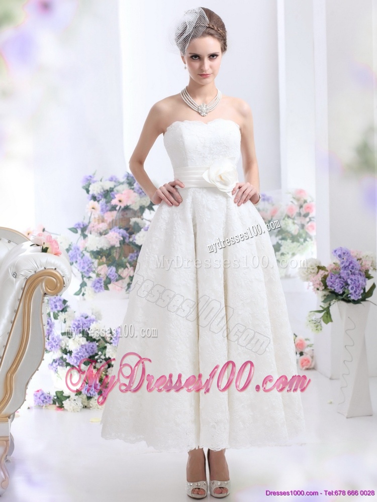 Brand New Strapless Ankle-length Wedding Dress with Hand Made Flowers