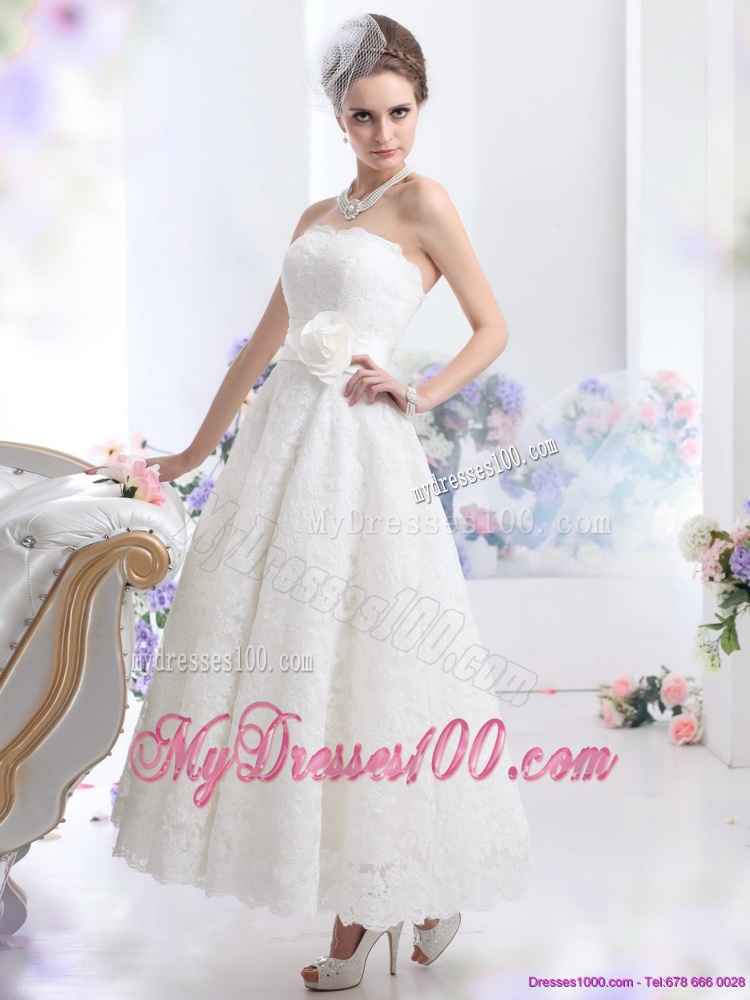 Brand New Strapless Ankle-length Wedding Dress with Hand Made Flowers