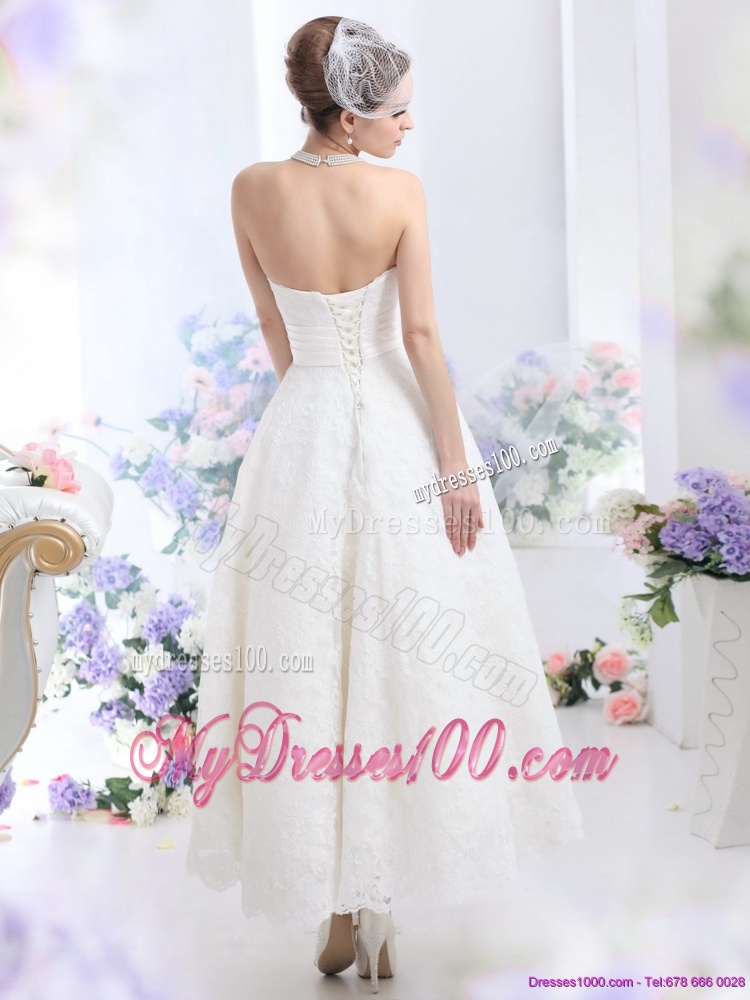 Brand New Strapless Ankle-length Wedding Dress with Hand Made Flowers