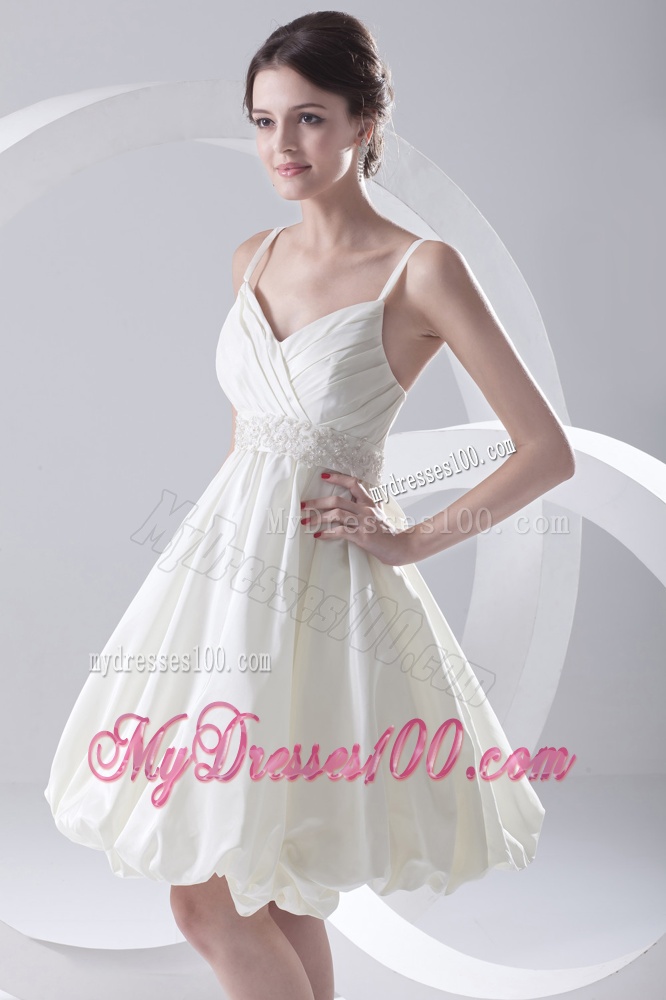 Cheap A-line Spaghetti Straps Knee-length Ruching Satin Wedding Dress