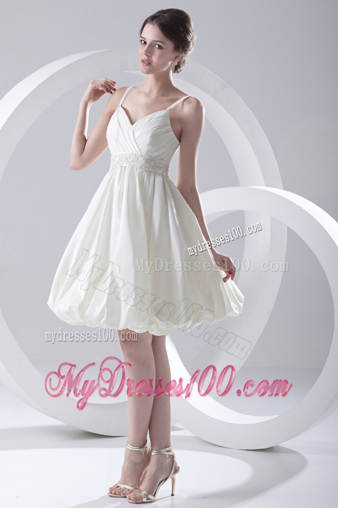 Cheap A-line Spaghetti Straps Knee-length Ruching Satin Wedding Dress