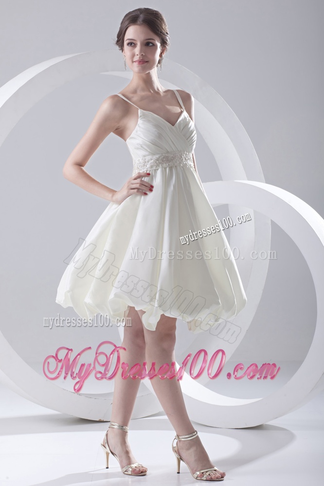 Cheap A-line Spaghetti Straps Knee-length Ruching Satin Wedding Dress