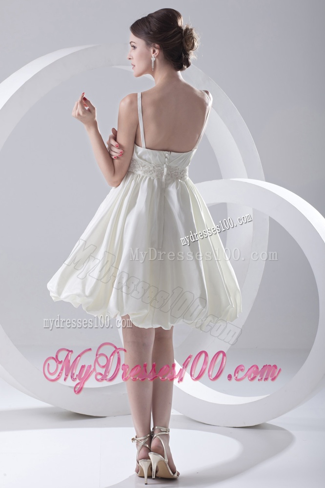 Cheap A-line Spaghetti Straps Knee-length Ruching Satin Wedding Dress