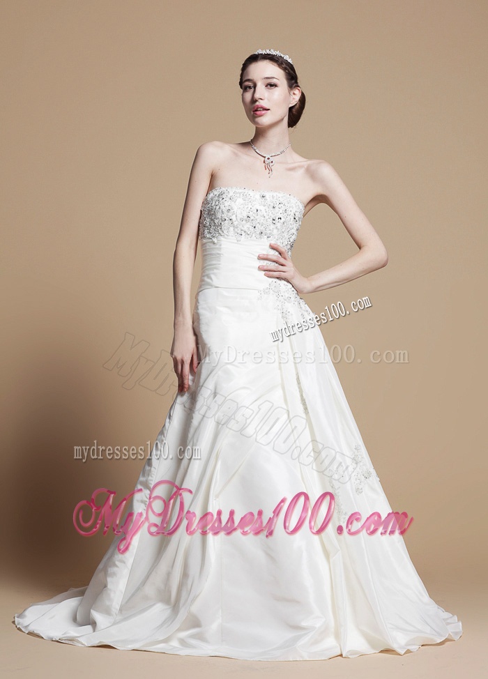 Classical A Line Strapless Wedding Gowns with Beading and Appliques