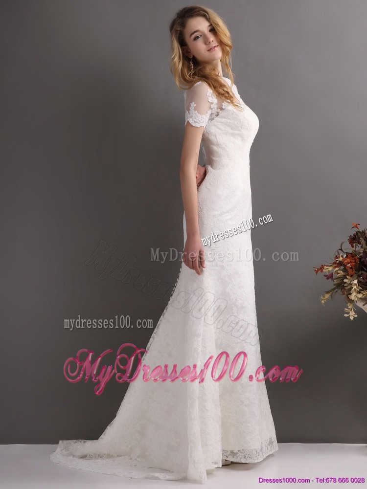 Classical V Neck Lace Wedding Dress with Short Sleeves