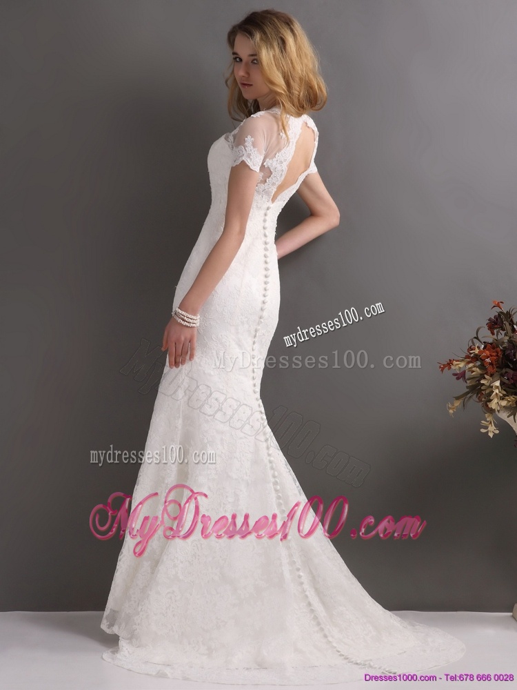 Classical V Neck Lace Wedding Dress with Short Sleeves
