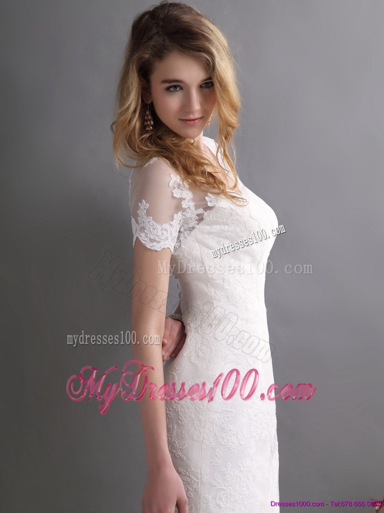 Classical V Neck Lace Wedding Dress with Short Sleeves