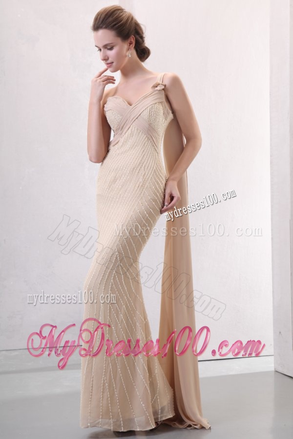 Column Champagne One Shoulder Watteau Train Beading Chiffon Wedding Dress
