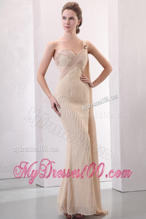 Column Champagne One Shoulder Watteau Train Beading Chiffon Wedding Dress