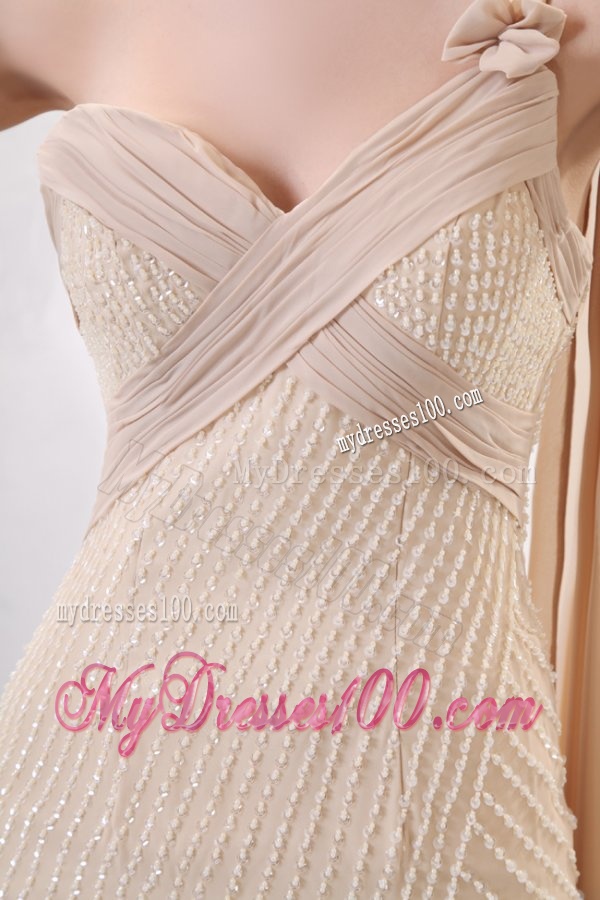 Column Champagne One Shoulder Watteau Train Beading Chiffon Wedding Dress