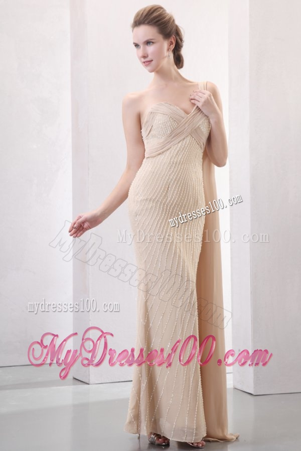 Column Champagne One Shoulder Watteau Train Beading Chiffon Wedding Dress