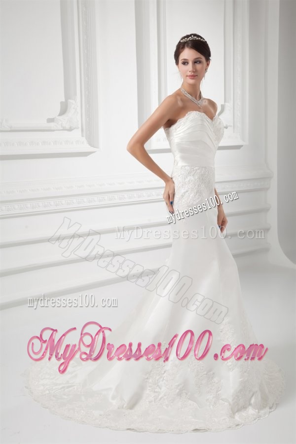 Column Sweetheart Appliques Court Train Satin Wedding Dress