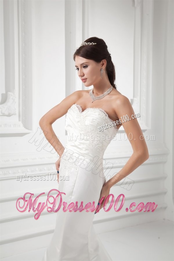 Column Sweetheart Appliques Court Train Satin Wedding Dress