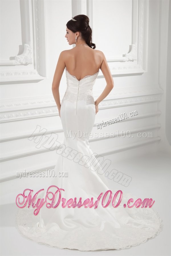 Column Sweetheart Appliques Court Train Satin Wedding Dress